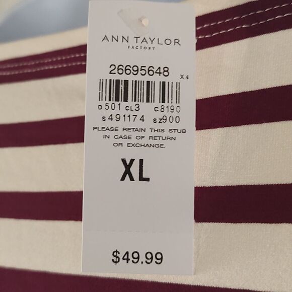 AnnTaylor Factory white cranberry striped 3/4th length shirt Sz XL NWT - Picture 4 of 5